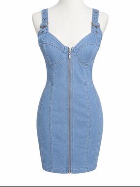 Light Blue Denim Zip-Front Bodycon Dress